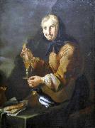 Giacomo Francesco Cipper Old woman with a glass and a magpie oil painting